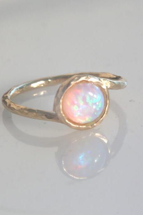 gold filled ring, gemstone ring, stacking ring, white opal ring, gold rings, opal, thin ring, hammered ring - t 13