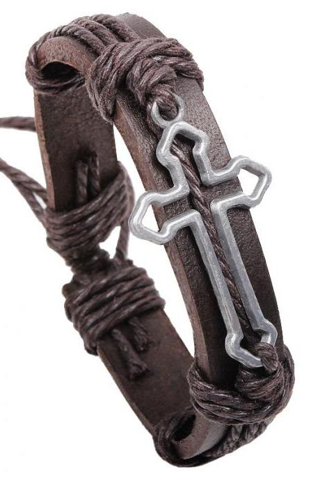 Silver Plated Alloy Cross Shape Brown Leather Bracelet