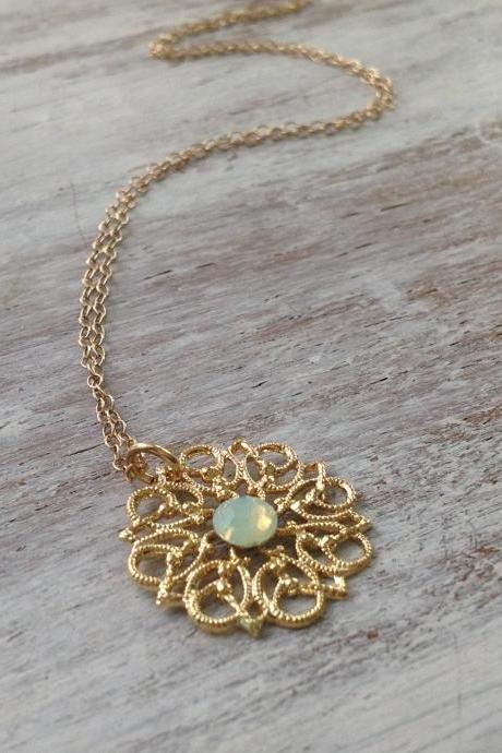 gold necklace, Gold flower necklace, delicate necklace, swarovski stone, lace pattern necklace 7012