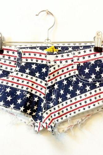 Women's Blue And White Shorts With Stars Pattern