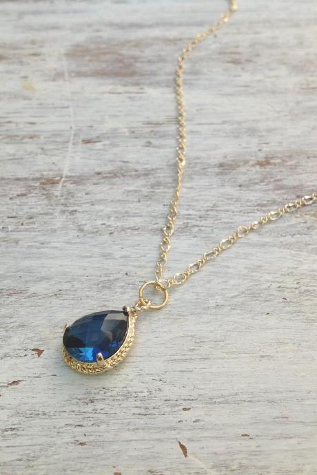 Gold necklace, 14k gold filled chain necklace, vintage style, blue teardrop necklace, mothe'rs necklace, dainty necklace -163