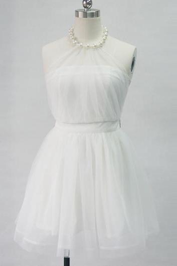 Fashion White Faux Pearl Strap Design Halter Dress - White