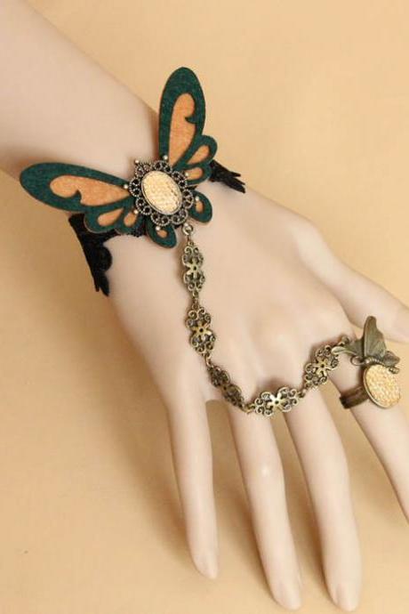 Butterfly Embellished Lace Strand Bracelet With Ring For Women