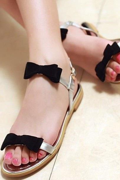 Open-toe Ankle Strap Bow Accent Leather Flats Sandals
