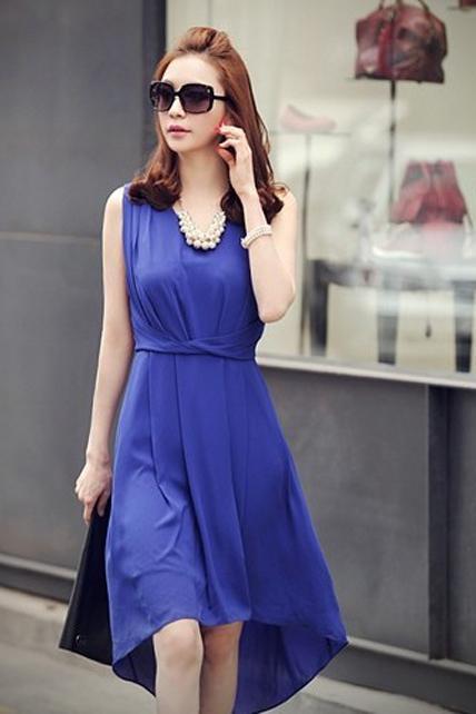 Charming V Neck Empire Waist Blue High Low Hem Chiffon Dress