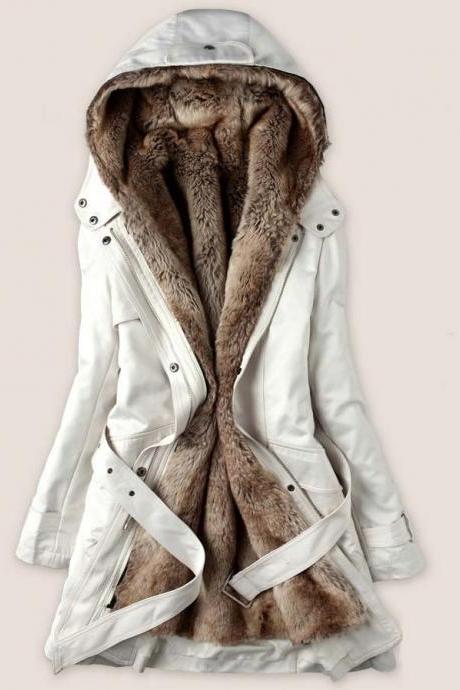 Fashion beige color Faux Fur Lined Coat