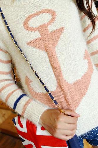 Pink color Navy Style Anchor Strip Print Soft Sweater