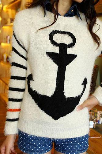 Black color Navy Style Anchor Strip Print Soft Sweater