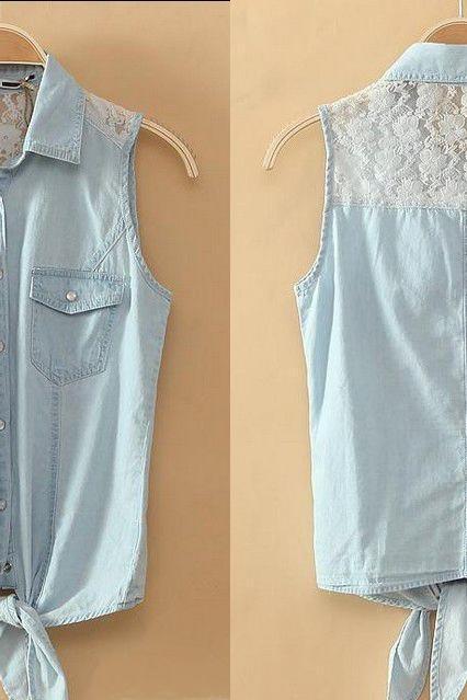 Denim Button-up Shirt With Lace