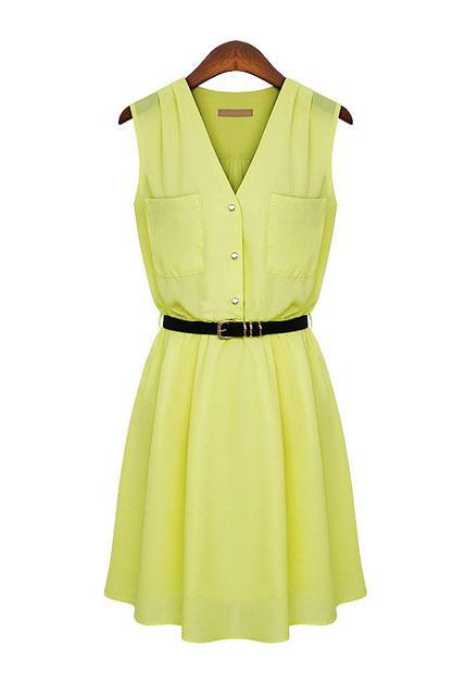 Brief High Waist V Neck Tank Dress for Summer - Yellow 