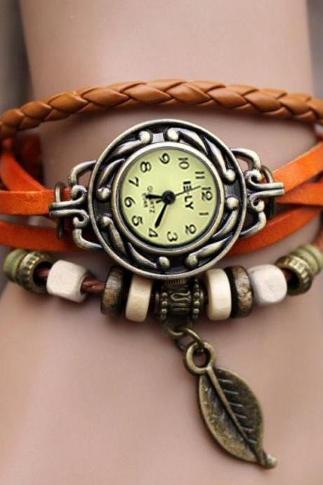 Quartz Weave Wrap Synthetic Leather Bracelet Women&amp;amp;#039;s Leaf Wrist Watch
