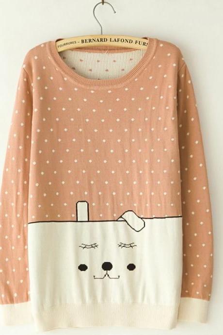 2014 spring Fall Polka Dot Pink Knitted Sweater