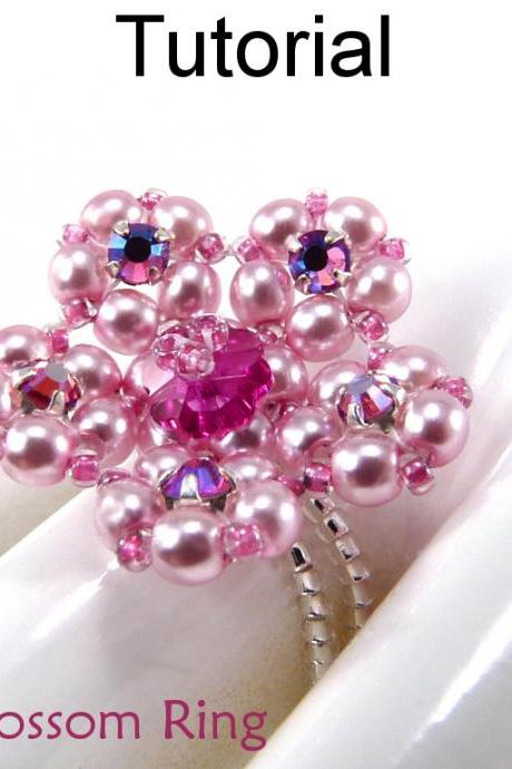 Beading Tutorial Pattern Ring - Crystal Stretch Flower Jewelry - Simple Bead Patterns - Cherry Blossom Ring #5207