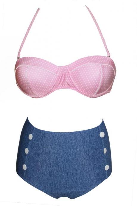 Vintage Bikini Set in Pink and Blue