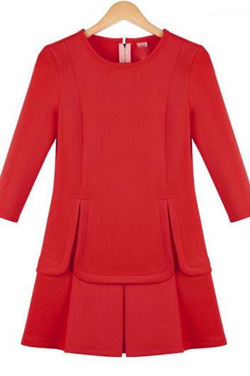 Elegant Irregular Clipping Round Neck Pleated Dress - Red
