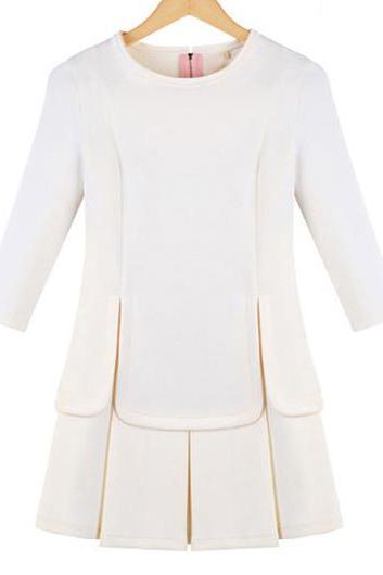 Elegant Irregular Clipping Round Neck Pleated Dress - White