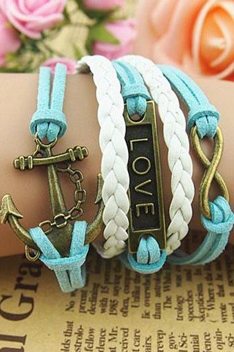 Retro Blue color Infinity Weave Anchor Love Bracelet 