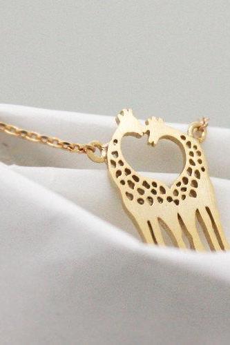 Giraffe necklace, Love giraffes necklace, heart giraffes necklace, giraffe charm, tiny necklace, dainty, Loving Giraffes , heart necklace