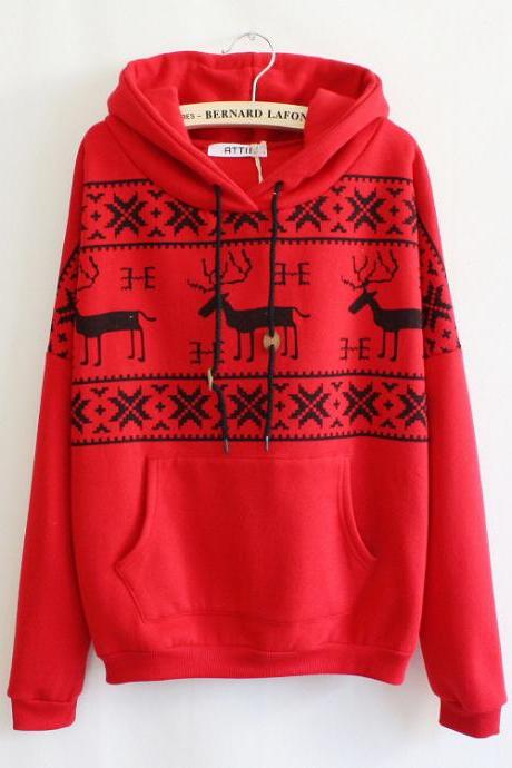 Fashion Red Deer Hooded Sweatershirt For lady and girl