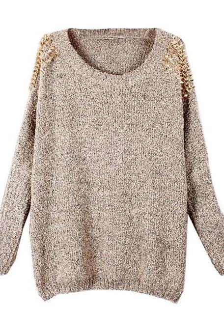 Fashion Apricot Batwing Sleeves Pullover Rivets Shoulder Sweater