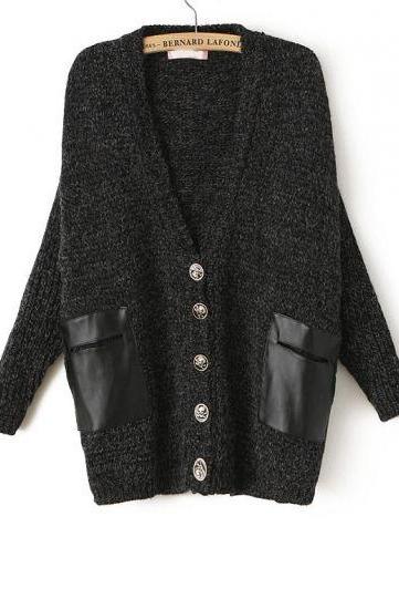 Long Sleeve Knitted Cardigan with Leather Pockets