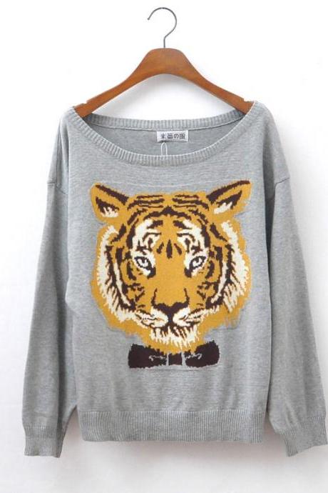 Fashion Gray Tiger Head Sleeve Sweater&Cardigan