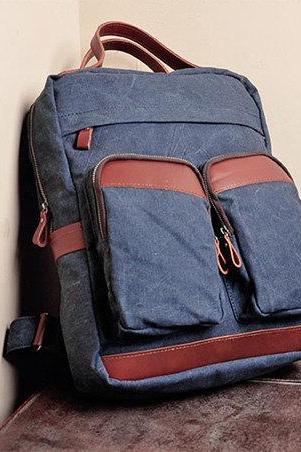 Blue Canvas Bag Canvas Backpacks Leisure Leather/Canvas Backpack Canvas Hangbags