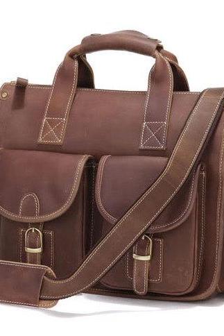 Christmas Gift---Cowboy Crazy Horse Leather Men's Brown Briefcase Laptop Hand Bag