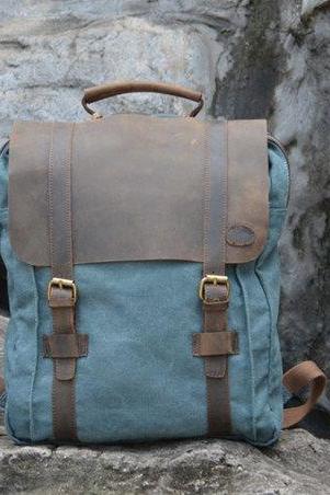 Handmade Leather Canvas Backpack Blue Canvas Backpacks Student Canvas Backpack Leisure Packsack