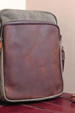 Canvas Bag Canvas Messenger Bag Leisure Leather/canvas Bag Canvas Ipad Bag ---off White/ Army Green