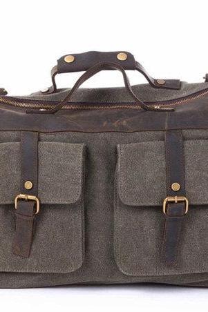 Army Green Canvas & Balck Leather Messenger Bag, Canvas Messenger/ Handbag, Canvas Bag with the Strap