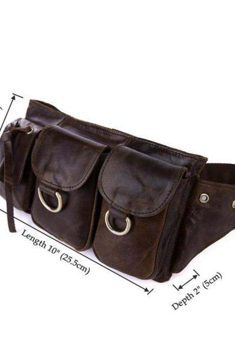 Dark Brown Leather Waist Bag, Fashion Unisex Pack, Portable Bag
