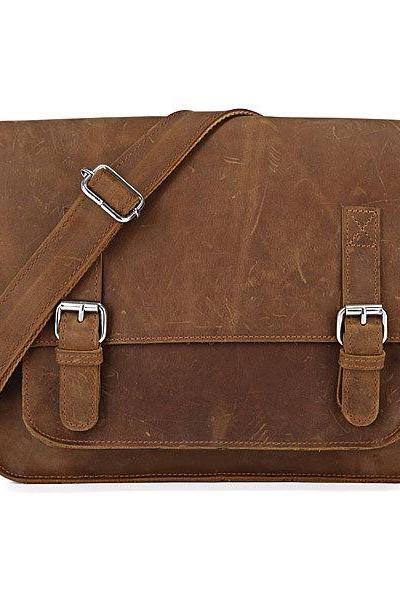 Vintage Handmade Crazy Horse Leather Messenger Bag Leather Briefcase Mens Messenger Bag