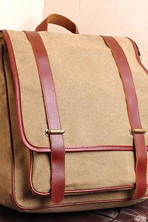 Canvas Bag Canvas Backpacks Leisure Leather/canvas Backpack --- Khaki/ Army Green