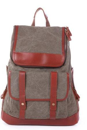 Army Green Leather-canvas Backpacks Canvas Backpacks Student Canvas Backpack Leisure Packsacks
