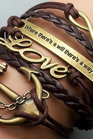 Anchor-love-Motto-Infinity Bracelet Brown wax cord Brown Braided Leather Antique Bronze Cute Personalized Jewelry friendship gift