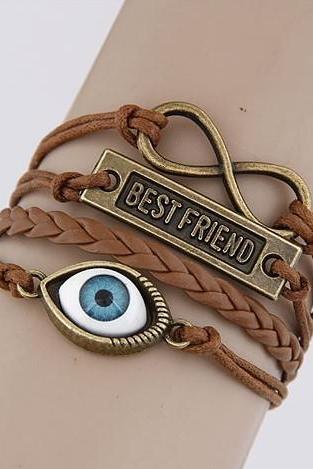 one eye -best friend-Motto-Infinity Bracelet Brown wax cord Brown Braided Leather Antique Bronze Cute Personalized Jewelry friendship gift