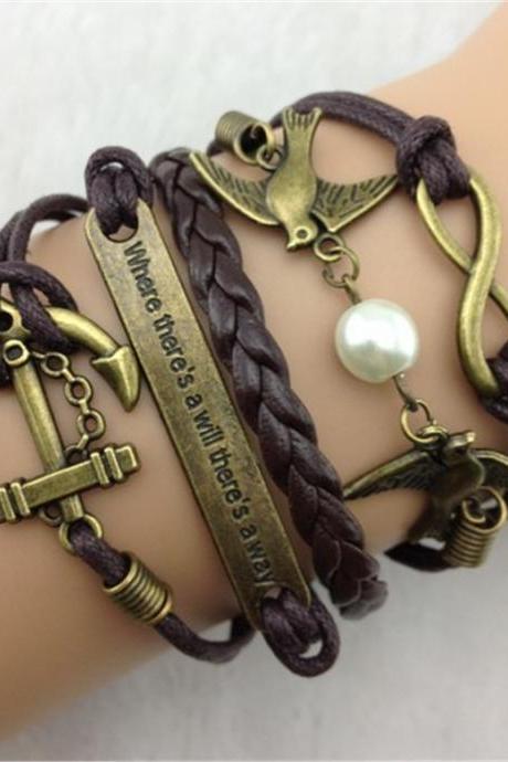 infinity bracelet birds bracelet anchor bracelet Charm Bracelet brown Wax Cords brown Leather personalized Bracelet