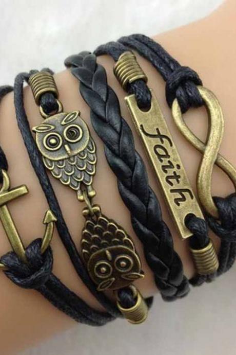 Anchor-faith-Motto-two owls Infinity Bracelet Black wax cord Black Braided Leather Antique Bronze Cute Personalized Jewelry friendship gift