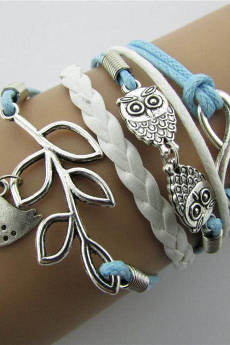 Infinity Vintage Bracelet Owl Bird Bracelet Whitr And Blue Wax Cord Black Braided Leather Antique Bronze Cute Personalized Jewelry Friendship