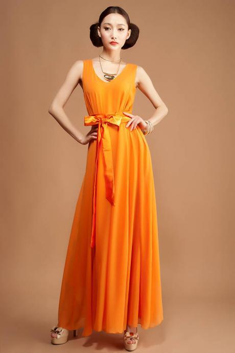 Sexy V-neck Long Skirt Chiffon Dress Large Hem Dress - Orange