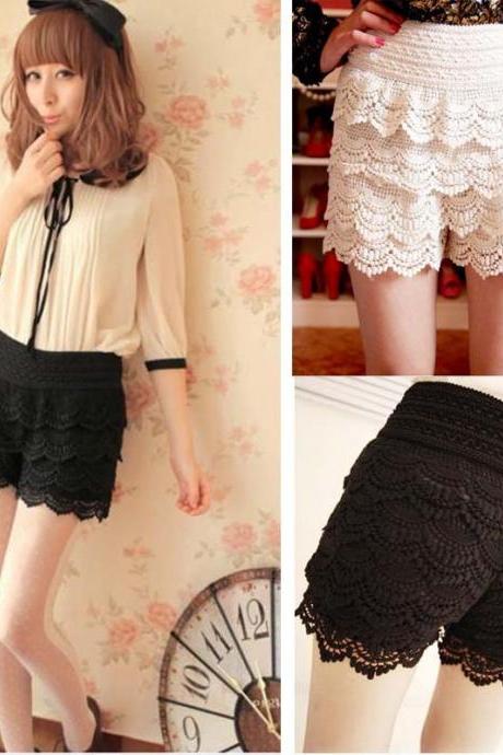Fashion Women Sweet Crochet Lace Tiered Short Skirt Under Safety Pleated Pants Elastic Waist G0163