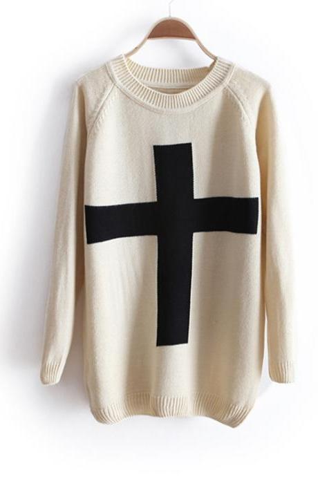 Fashion Cross Pullover Long Sleeve Sweater - Beige