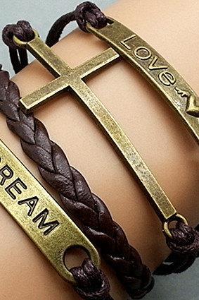 Infinity Vintage Bracelet Word Love Dream Bracelet Bracelet Black Wax Cord Black Braided Leather Antique Bronze Cute Personalized Jewelry