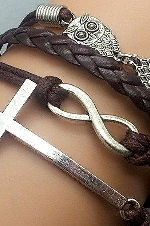 The ancient silver cross infinitesimal size owl brown wax rope leather rope strands of hand rope