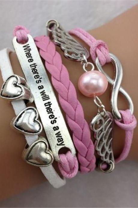 infinity vintage bracelet heart wing bracelet lucky 8 bracelet pink wax cord pink Braided Leather Antique Bronze Cute Personalized Jewelry friendship gift