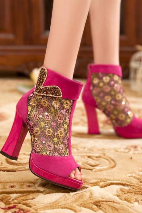 Pretty And Cute Fuchsia Lace High Heels, High Heels, Lace Shoes, Woman Shoes, Blue Shoes