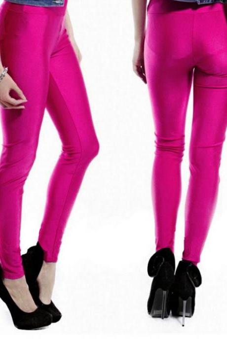 Sexy Womens Plux Size Gym Candy Colour Yogo Sport High Waisted Zip Front Wet Look Shiny Stretch Leggings Pants (kx29) 