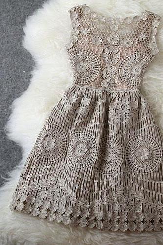 Vintage Gold Thread Hollow Out Embroidery Slim Dress