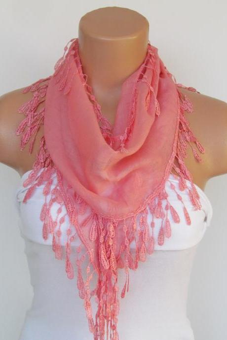 Salmon Scarf With Fringe-Cotton Scarf-Headband-Necklace- Infinity Scarf- Spring Accessory-Long Scarf